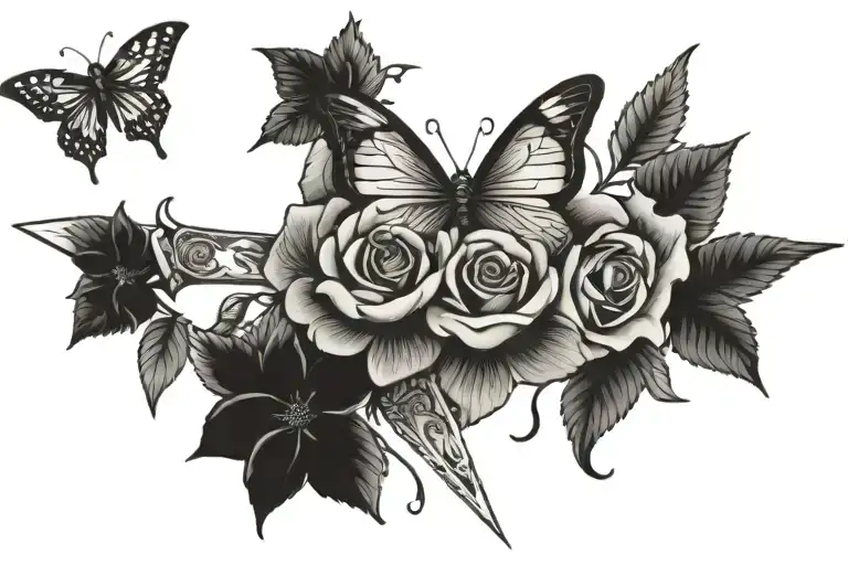 swords and roses and butterflies  tattoo design idea