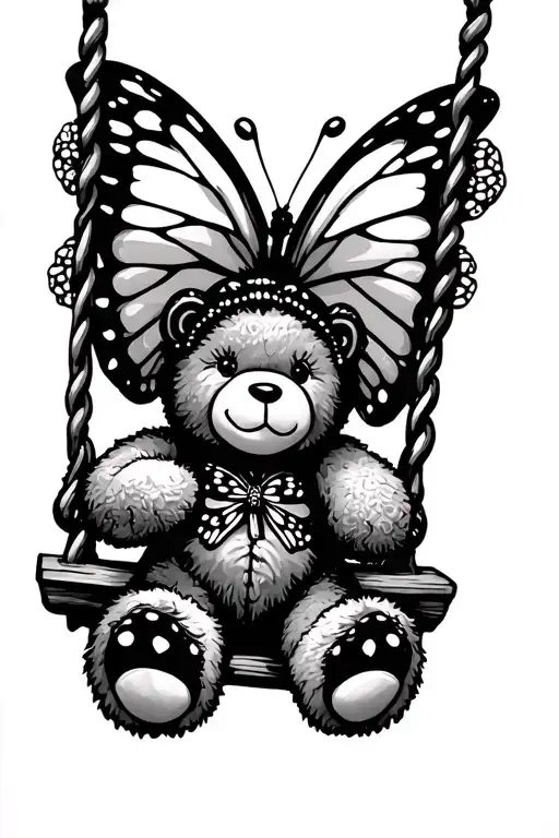 feminine butterfly, teddy bear on a swing,  tattoo design idea