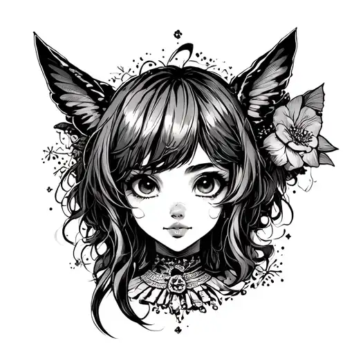 Anime-inspired tattoo design featuring a mix of charming art styles and dark humor tattoo design idea