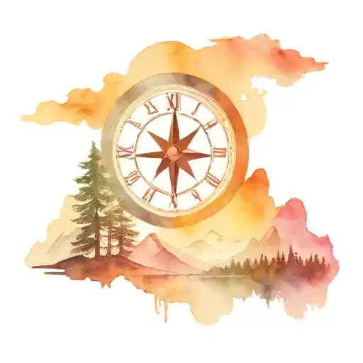 mountain compass clock tree aurora borealis tattoo design idea