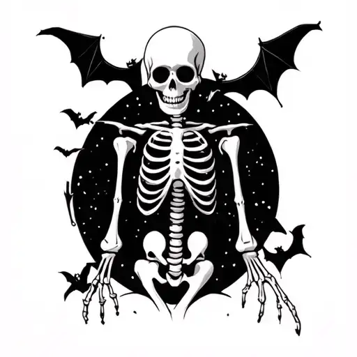 skeleton full body goth theme sketch with bats or moon background tattoo design idea