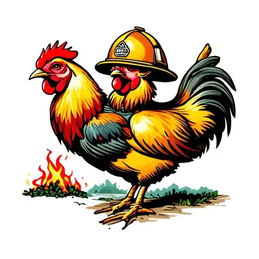 Tattoo of a chicken firefighter with an helmet in the forest extinguishing camps fires  tattoo design idea