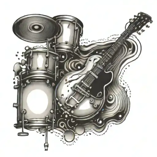 A creative tattoo of a guitar and drum kit merging together to form a unique abstract design, symbolizing the client's love for music and playing instruments tattoo design idea