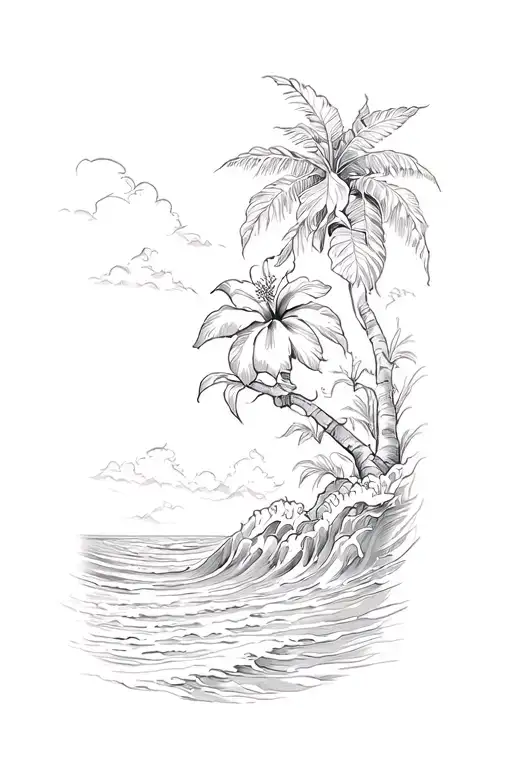 waves on a beach with a banyan tree and hibiscus flower tattoo design idea