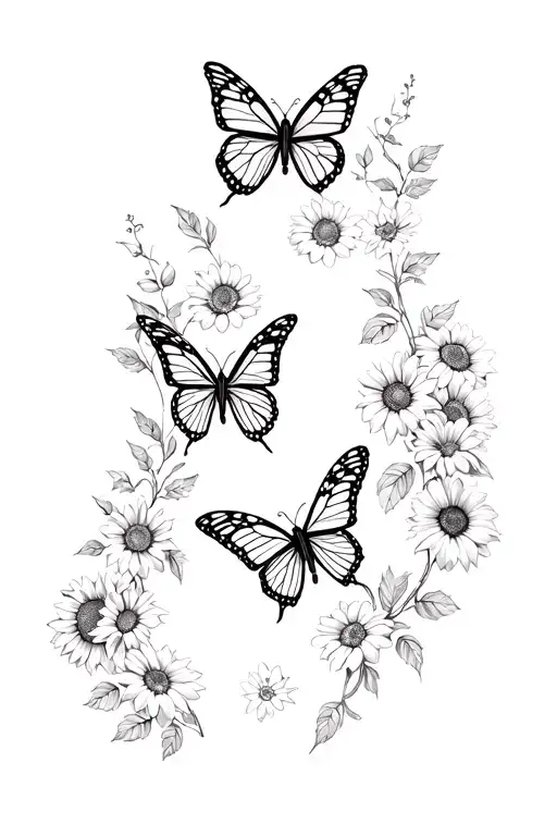 black and white half sleeve tattoo with monarch butterflies, roses, sunflowers, Lillie's, daisies, leaves, vines tattoo design idea