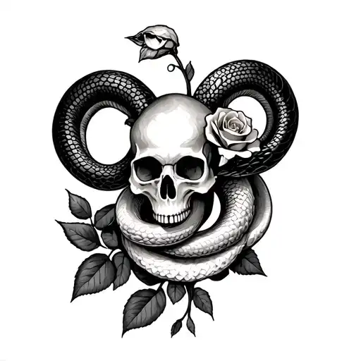 skull snake and rose intertwined aries zodiac sign tattoo design idea