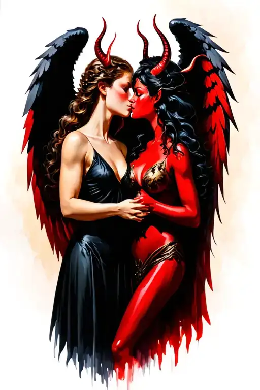 angel vs female devil full figure kissing tattoo design idea