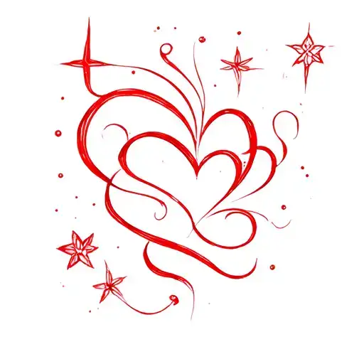 wavy abstraction. Red ink. Tender, but impudent. heart. Stars, flowers tattoo design idea