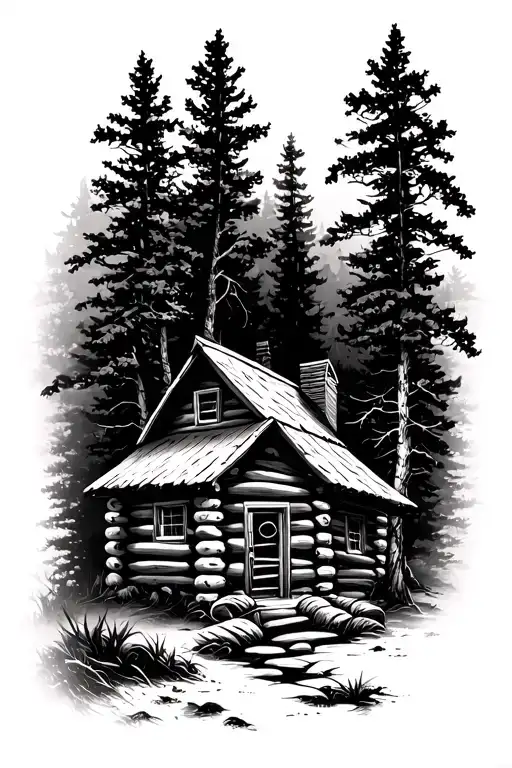 Log Cabin With An Acoustic Guitar Nature Scene  tattoo design idea