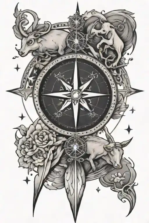 compass with sagittarius and taurus zodiac constellations tattoo design idea