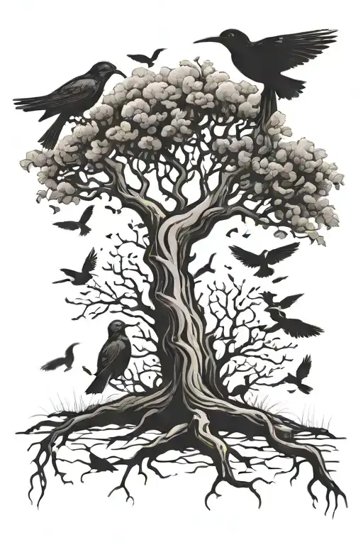 Posion tree with birds  and 2 dead birds on the ground  tattoo design idea