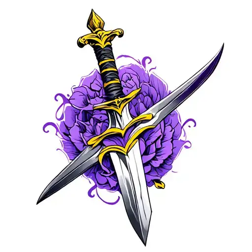 neo trad tatto purple and yellow sword tattoo design idea