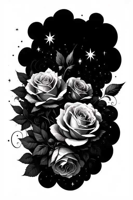 roses and stars clouds tattoo design idea
