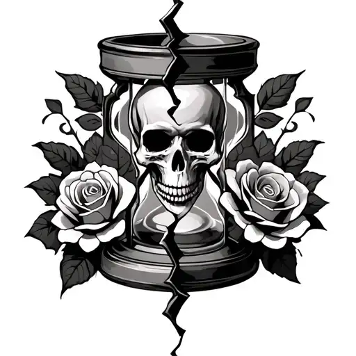 broken hourglass with a skull and 3 roses tattoo design idea