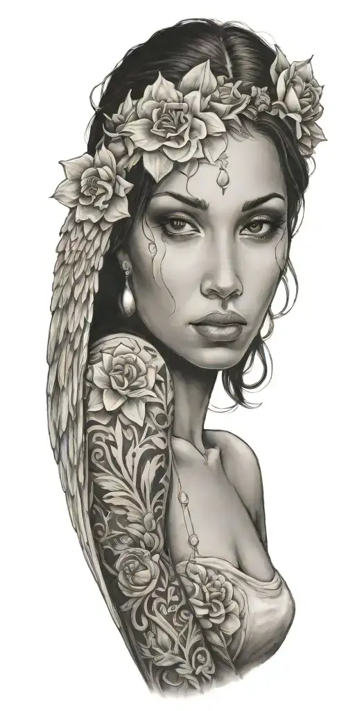 angel woman without flowers tattoo design idea