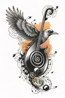 A surreal scene of a musical note transforming into a bird in flight against a backdrop of a colorful sunset tattoo design idea