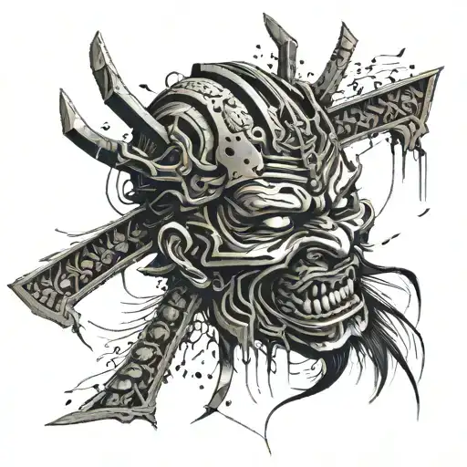 samurai mask falling apart, decaying human face tattoo design idea