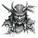 samurai mask falling apart, decaying human face tattoo design idea