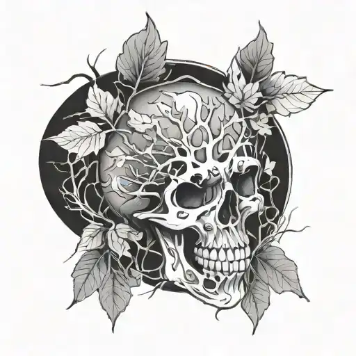 gothic abstract skull fall leaves and trees tattoo design idea