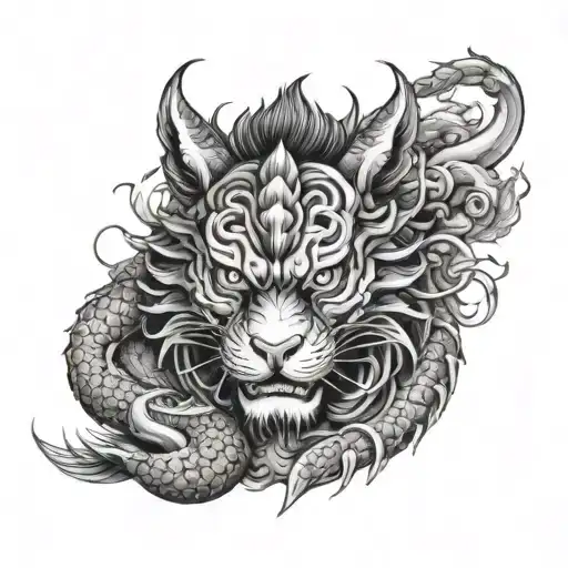 A traditional Japanese samurai armor adorned with dragon and tiger motifs tattoo design idea