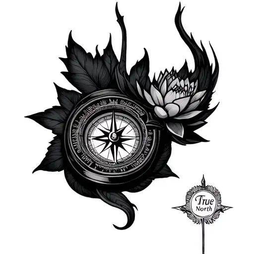 A compass where the needle always points to a small lotus at “True North.” Coiled around the compass is a drago tattoo design idea