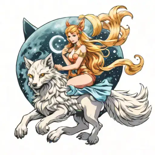 sexy fairy riding a Ninetails fox with moon tattoo design idea