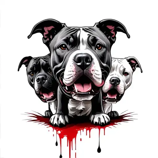 three headed pit bull with blood around them tattoo design idea