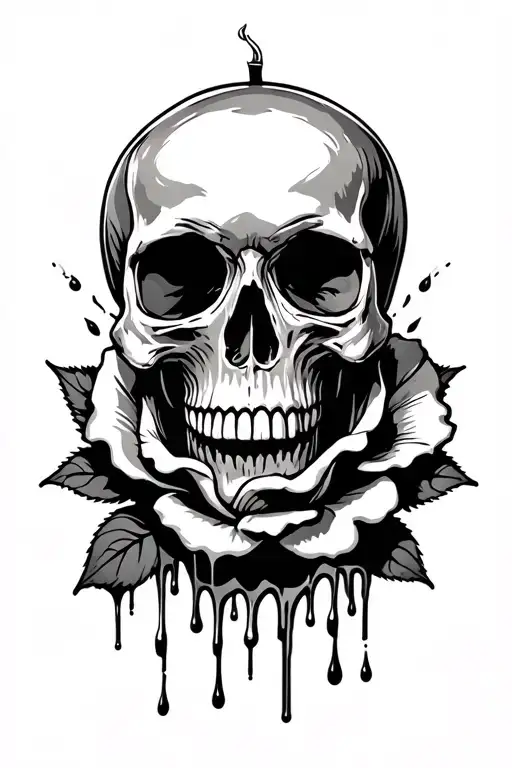 Skull, rose, dripping like a candle tattoo design idea