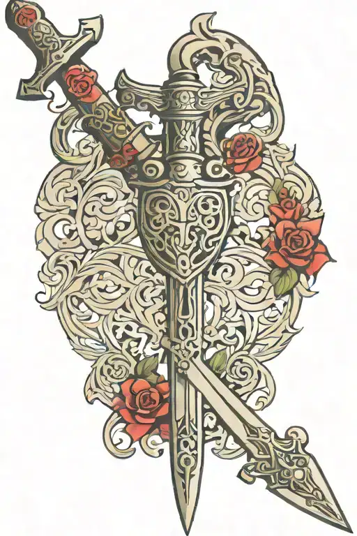 sword with chrome heart handles with Simmons carved on the blade  tattoo design idea