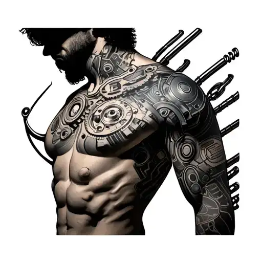 Biometric tattoo on chest and shoulder. Mechanical gears. Hydraulic cylinders. Springs. Tools tattoo design idea