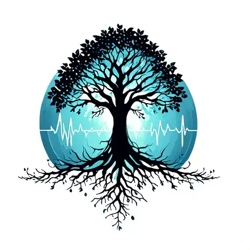 tree ekg line, falling leaves, roots forming tattoo design idea