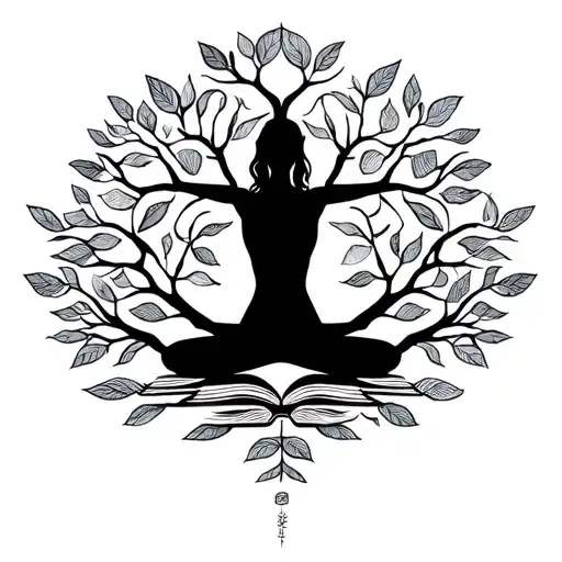 A tree of knowledge with yoga poses as the branches and books as the leaves tattoo design idea