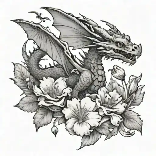 carnation, snowdrop, primrose, violet, cartoon dragon flying tattoo design idea