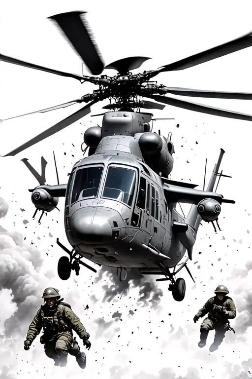 falling czech army helicopter with paratroopers jumping out, absolute carnage under them, the helicopter is on fire tattoo design idea