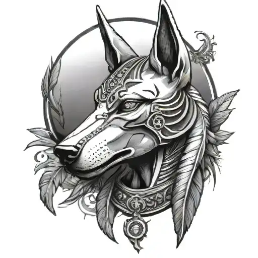 Anubis, in his hand, a scale with a light heart and a feather. tattoo design idea
