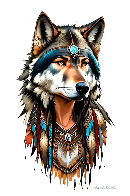 female warrior, native, wilderness, wolf tattoo design idea