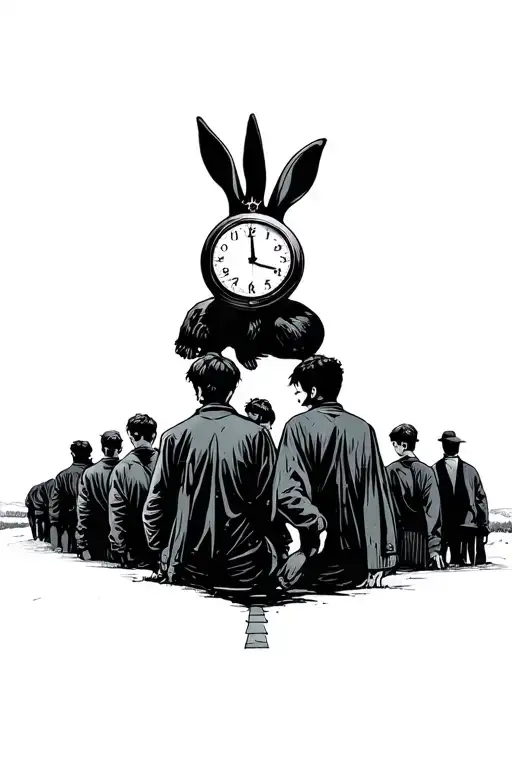 I want it to represent a group of men among themselves, a rabbit with a clock above a road and a boy tattoo design idea