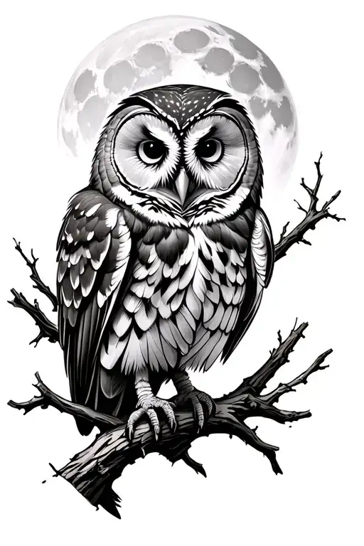barred owl perched regally with detailed sticks behind it and the moon tattoo design idea