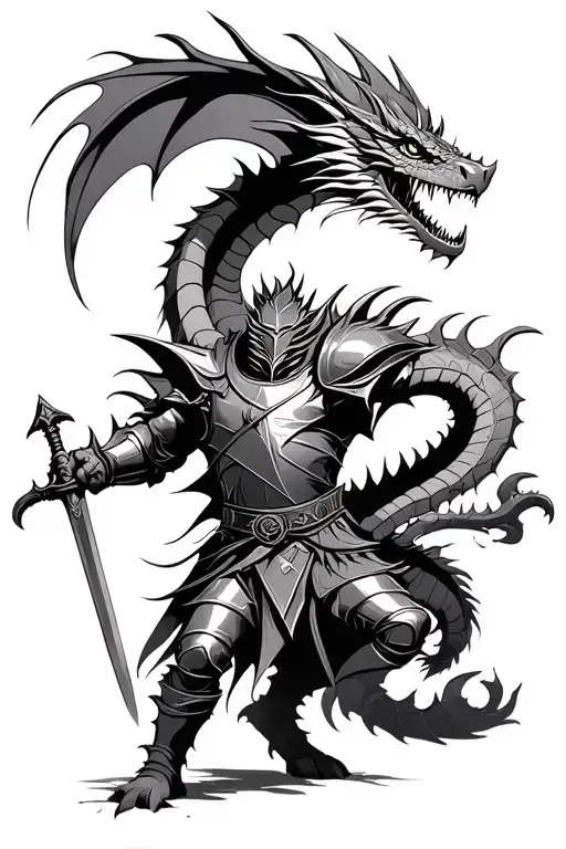 Dragon attacking knight holding a sword tattoo design idea
