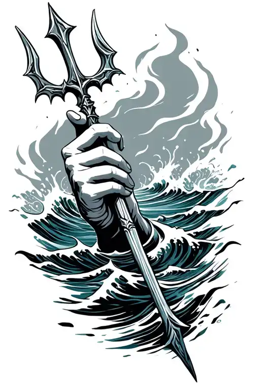  hand holding a trident coming out of the water waves tattoo design idea