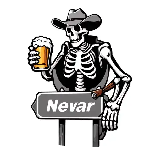 cartoon cowboy skeleton holding a beer leaning on a highway sign tattoo design idea