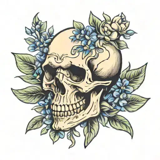 feline skull and bluebonnets oriented like skull and crossbones tattoo design idea