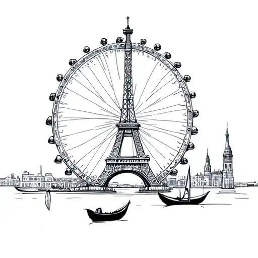 lined Eiffel Tower, London eye and gondola  tattoo design idea