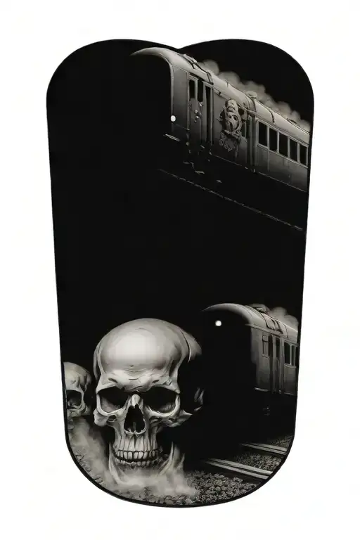 train travelling through a road of evil skulls tattoo design idea