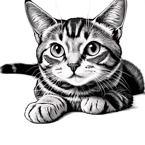 grey tabby cat, laying on back, slightly showing its belly, looking at me tattoo design idea