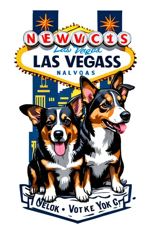 las vegas sign, New York City, Nashville, St. Louis. 6 corgi dogs tattoo design idea