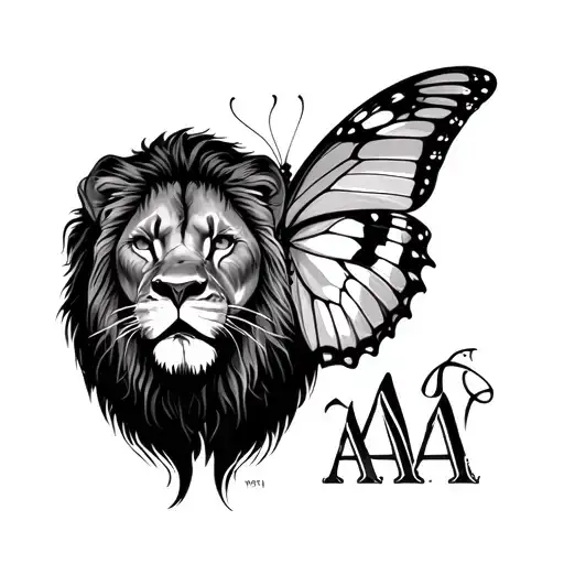 Lioness and butterfly with 3 AAA letters tattoo design idea