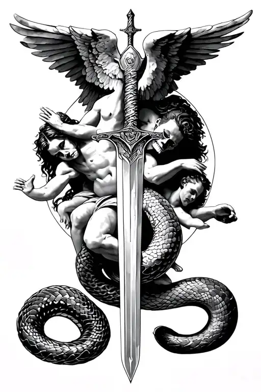 memento mori written, icarus falling from sky, sword killing snake and creation of adam tattoo design idea