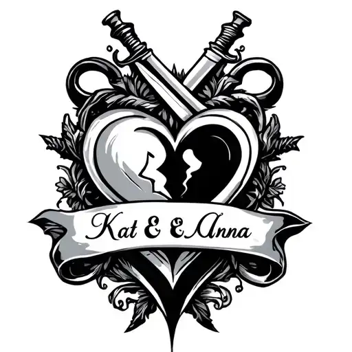"Kat.& Anna" "Kat.& Anna" Broken heart and dagger intertwined tattoo design idea