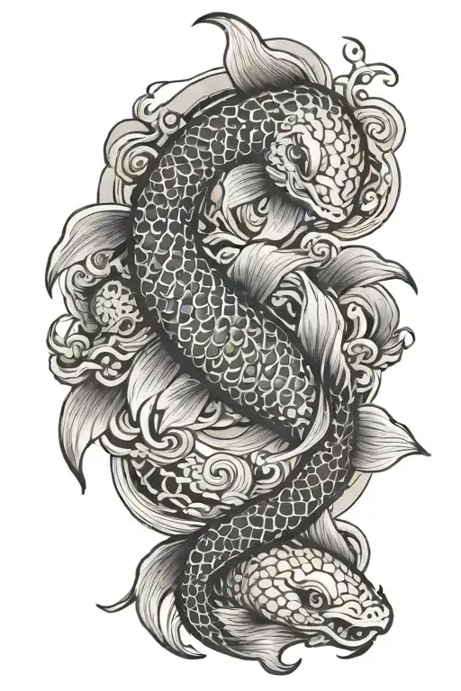 Japanese koi fish swimming with snake around it tattoo design idea
